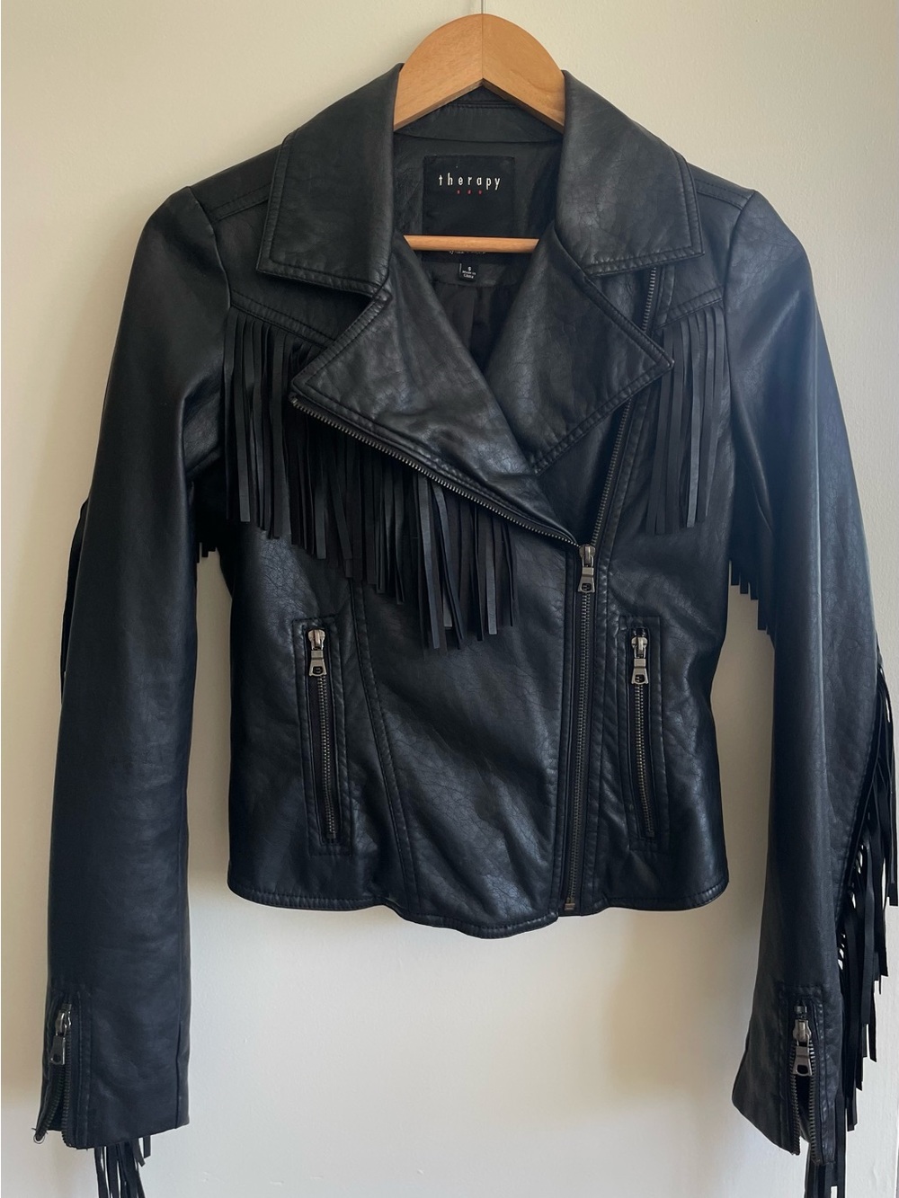 Vintage Black Leather Fringe Moto Jacket